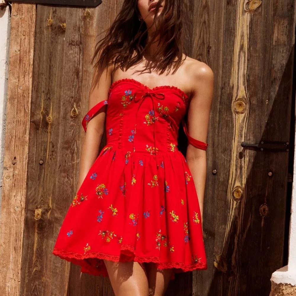 Nasty Gal Ditsy Red Floral Milkmaid Dress